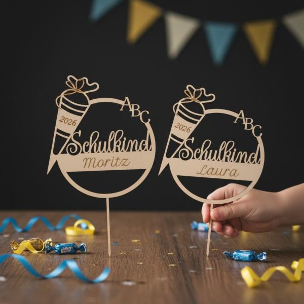 Holz‑Caketopper aus 3 mm Birkensperrholz mit Schriftzug „Endlich Schulkind“ und Schultüte
